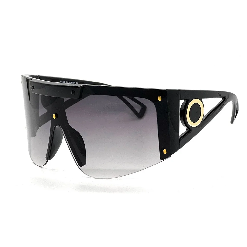 Oversized Shield Sunglasses Black Flat Top Visor Gradient Lens Gold Women Lentes